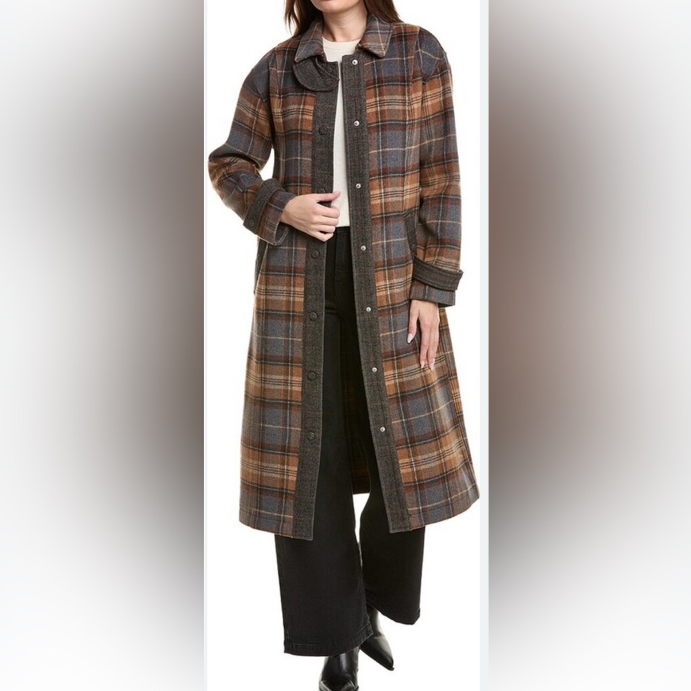 NWT 7 For All Mankind Brown Plaid Trench Coat - Picture 2 of 8